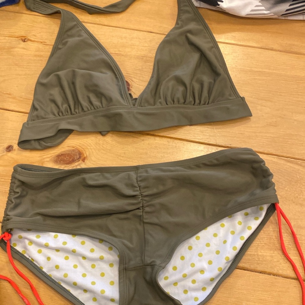 KAKI green tie halter 2 piece bikini swimsuit with ruched, tie side bottoms